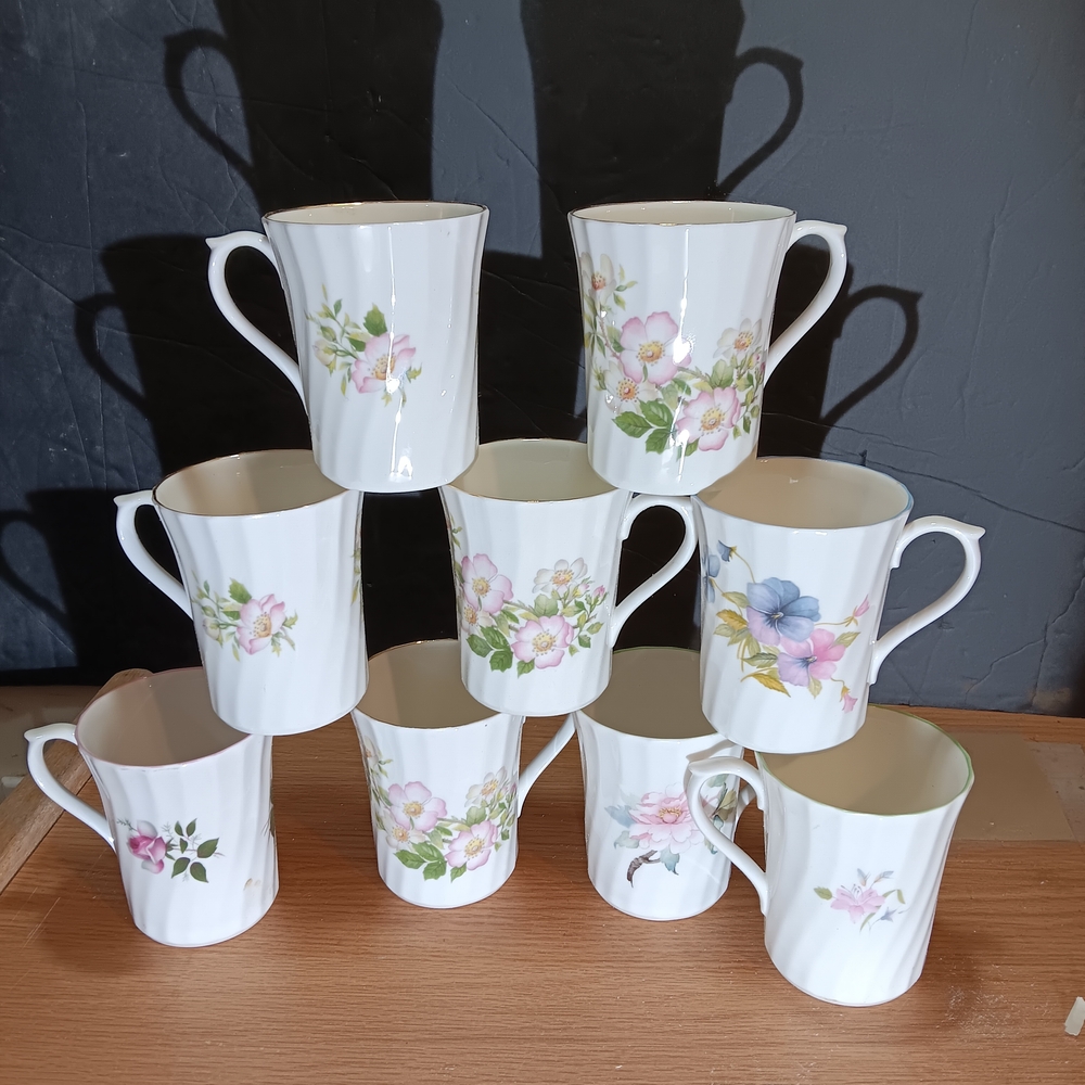 Elegant Floral Mug Set 9 PCS. White with Pink and Green Designs ROYAL STUART